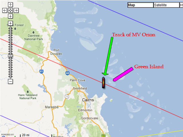 approximate track of MV Orion during 2012 eclipse